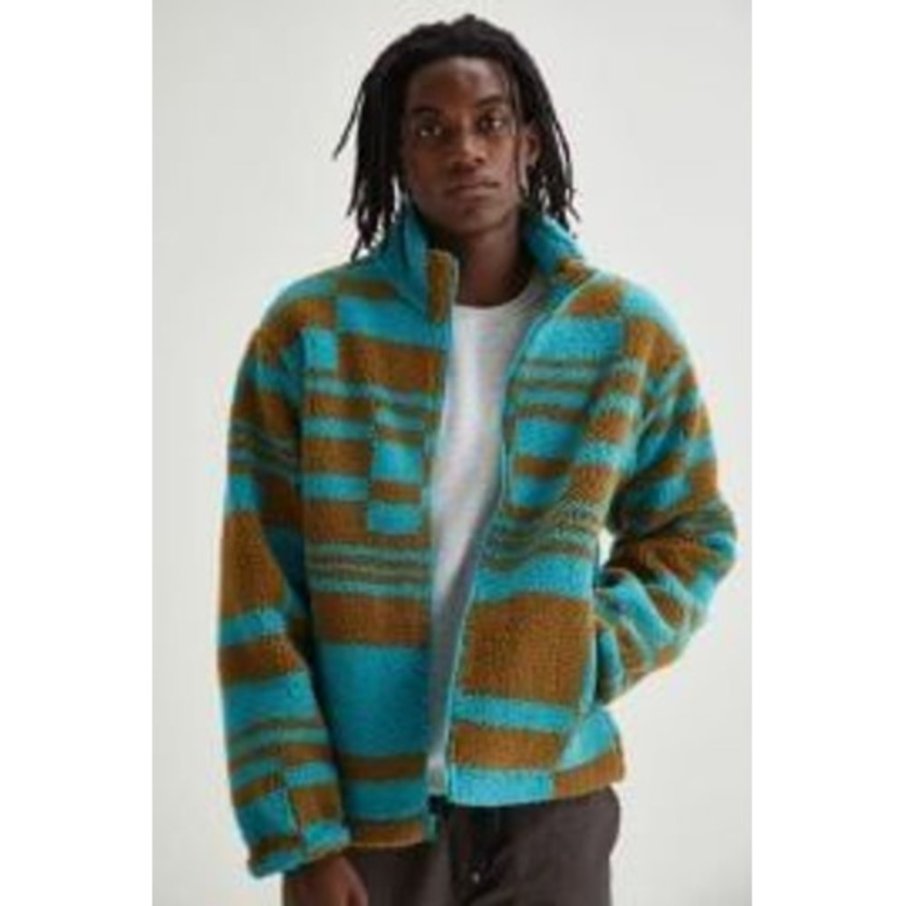 Urban Outfitters Fleece Jacket Adult Sm Blue Brown Checkered Sherpa Full Zip